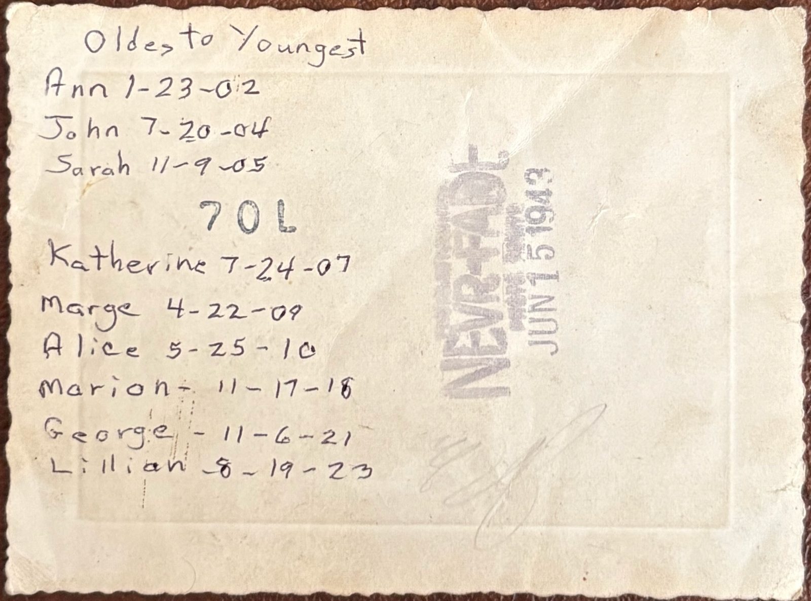 The back of the family portrait, listing all nine siblings oldest to youngest with their birthdates (stamped June 15, 1943).