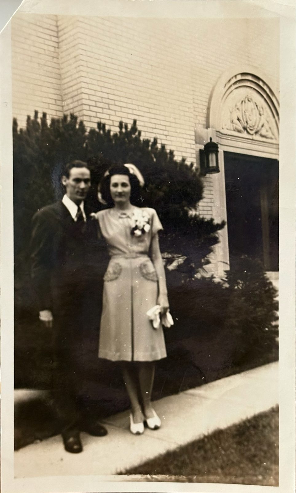 George and Mary — his bride — outside the church. They married after he came home from the war.