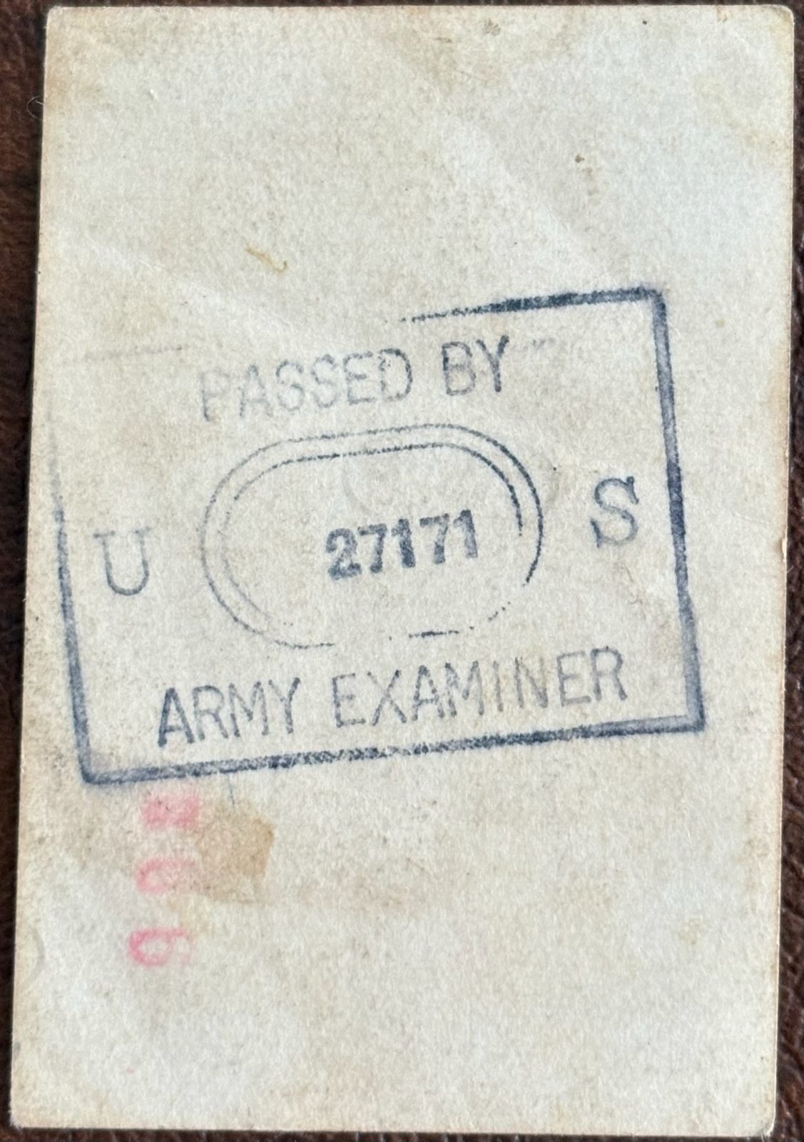 The back of the trio photo — the same 'U.S. ARMY EXAMINER 27171' censor stamp.