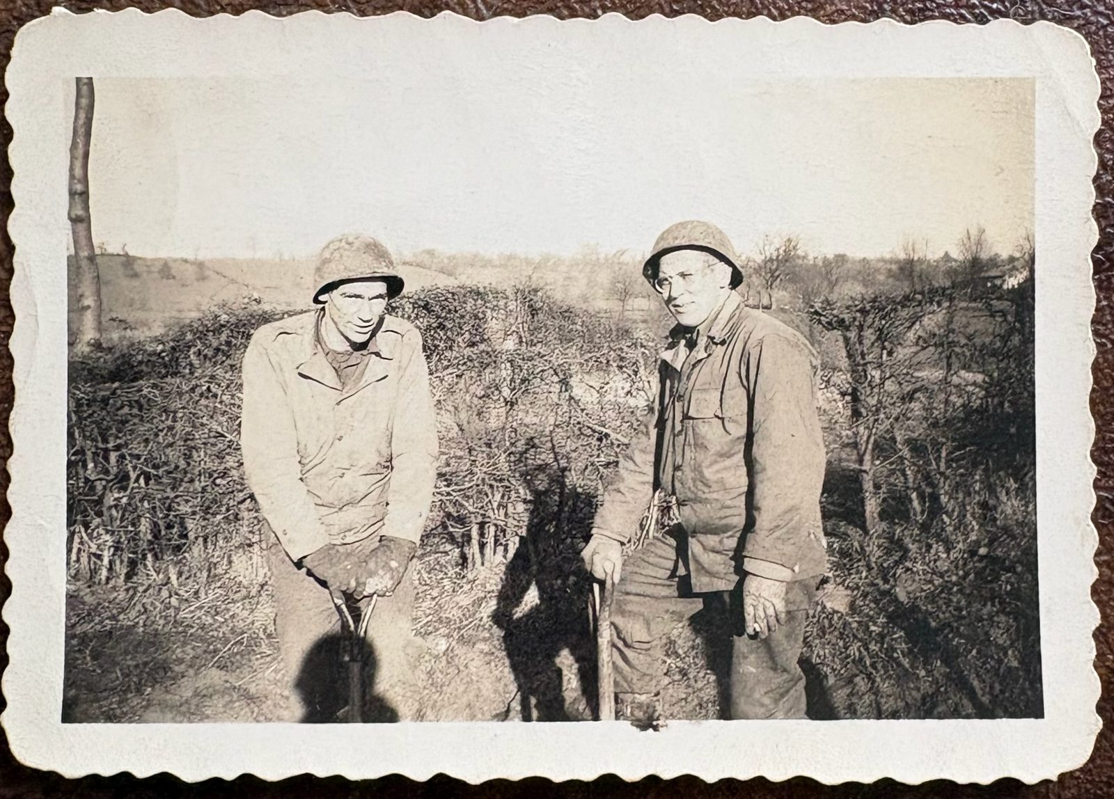 Two engineers, helmeted, in cold bare-branch brush — winter work.